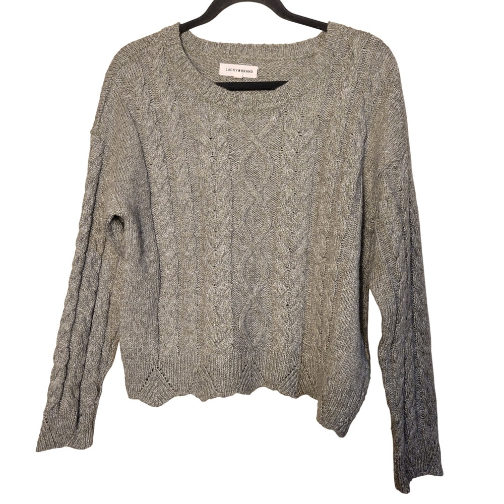 Lucky Brand Women M Gray Metallic Cable Knit Pullover Sweater Cotton Wool